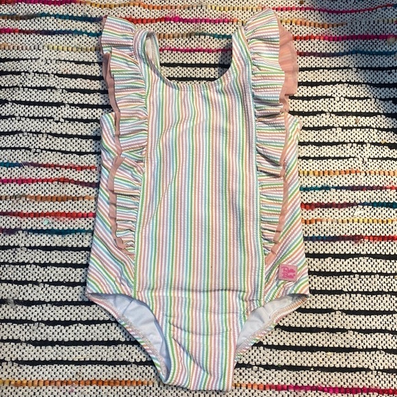 Ruffle Butts toddler Swim Suit size 3T pastel stripes with pink bow
